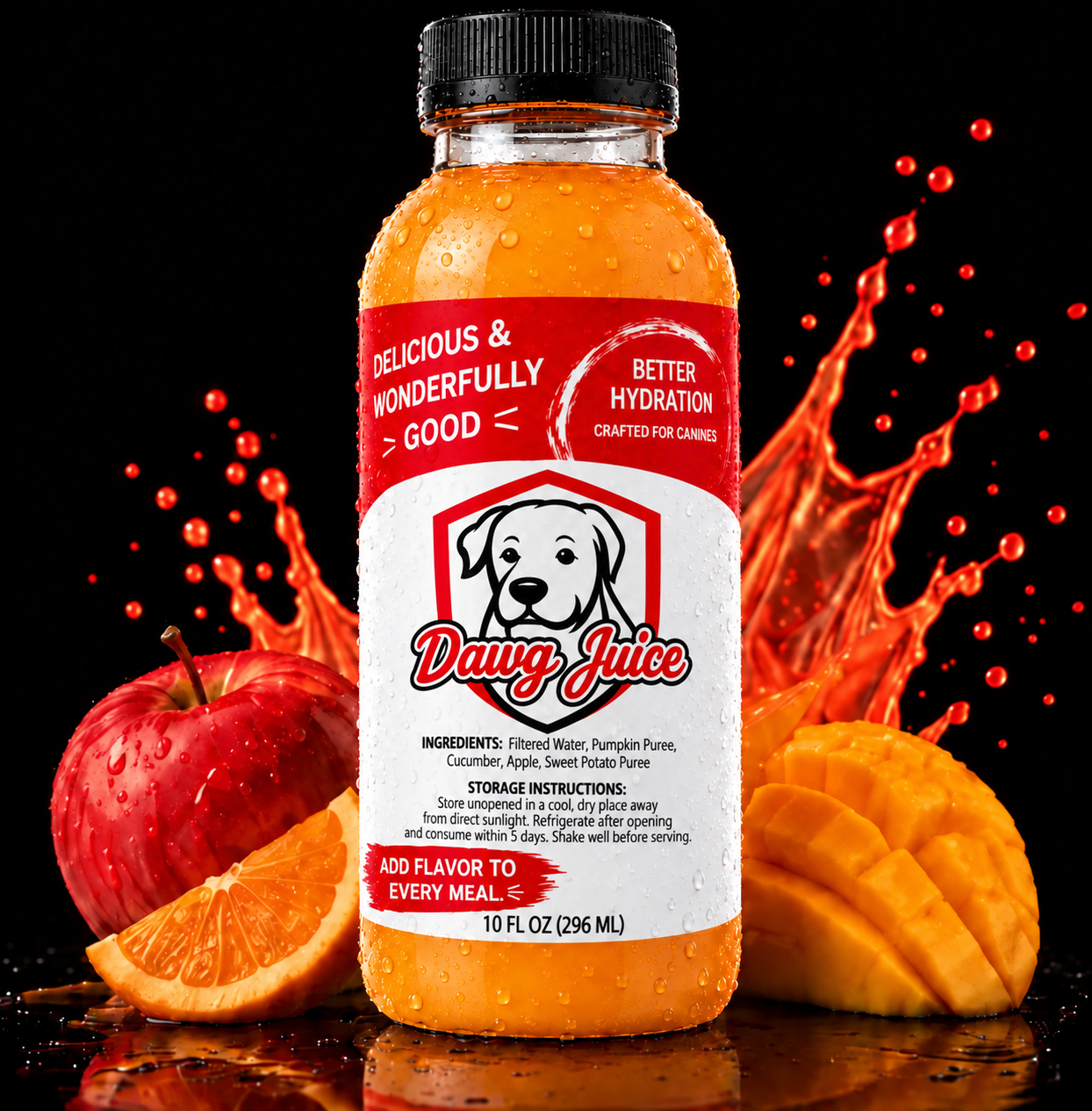 Cold, wet Dawg Juice master bottle surrounded by fruit and sweet potato against a juice splash