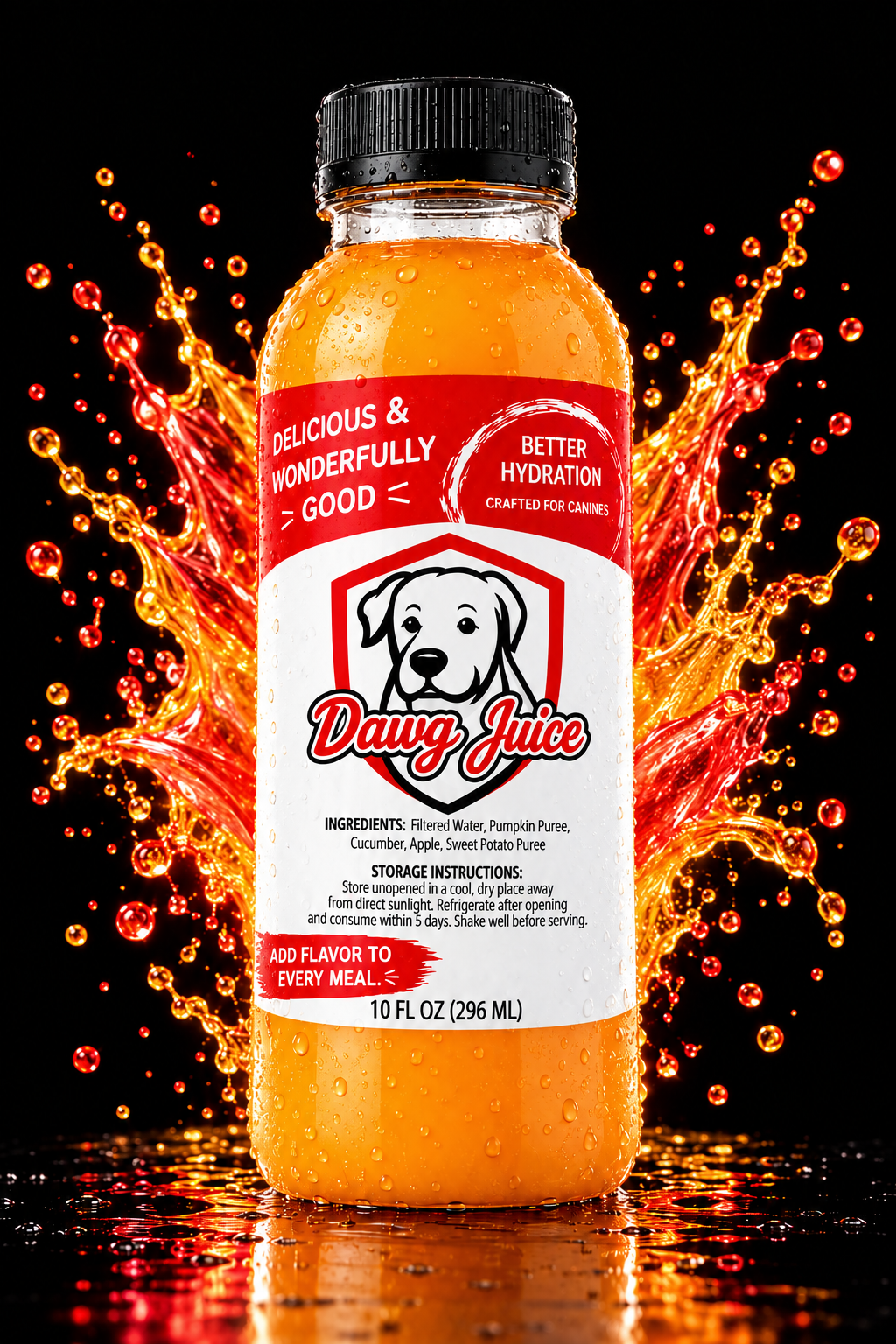 Cold Dawg Juice bottle with centered logo and colorful juice splash